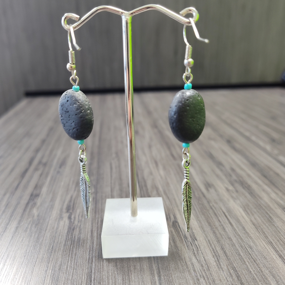 Elegant Black Lava Stone and Silver Feather Earrings